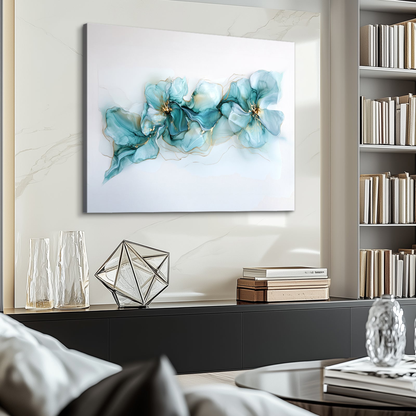 Turquoise Floral Abstract Alcohol Ink Canvas Wall Art