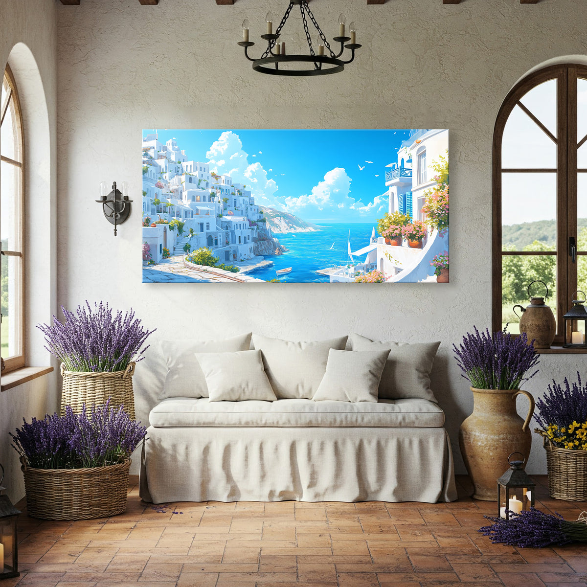White and Blue Greek Houses with Flowers Wall Canvas