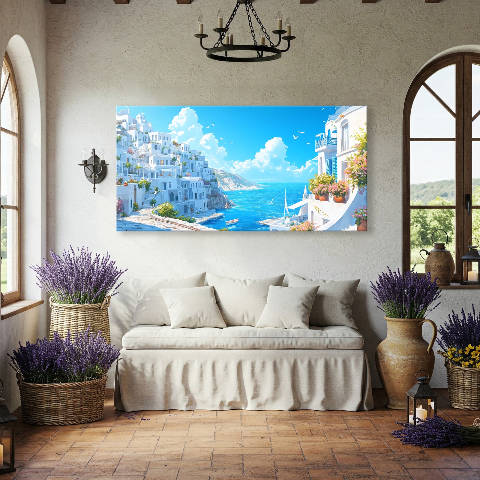 White and Blue Greek Houses with Flowers Wall Canvas
