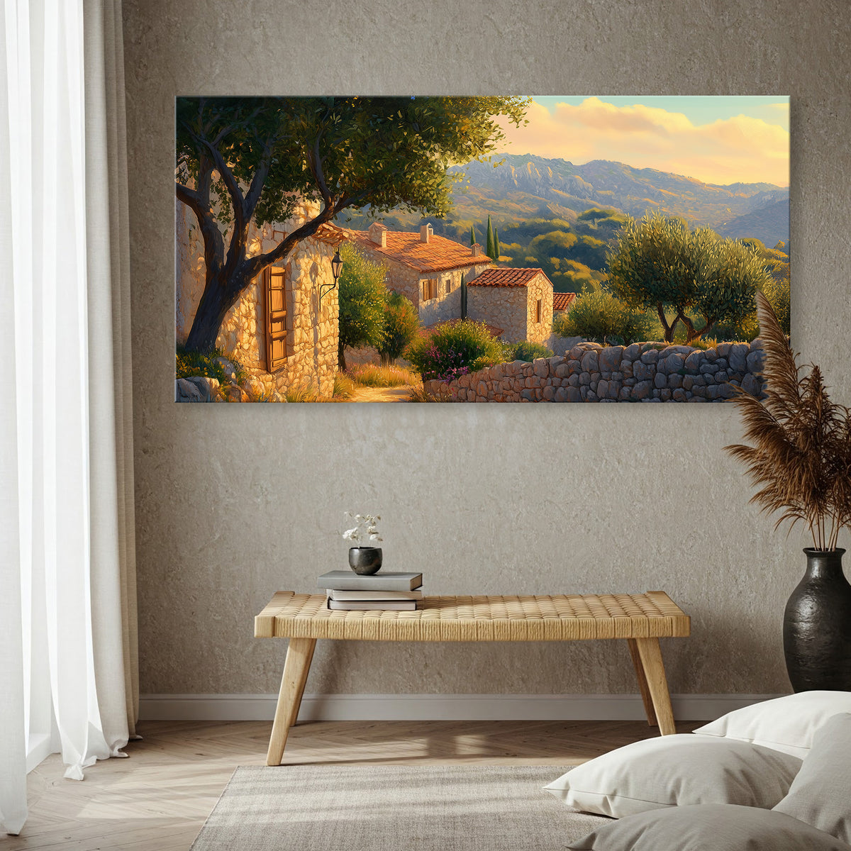 Mediterranean Village Scene with Stone Walls Canvas Art