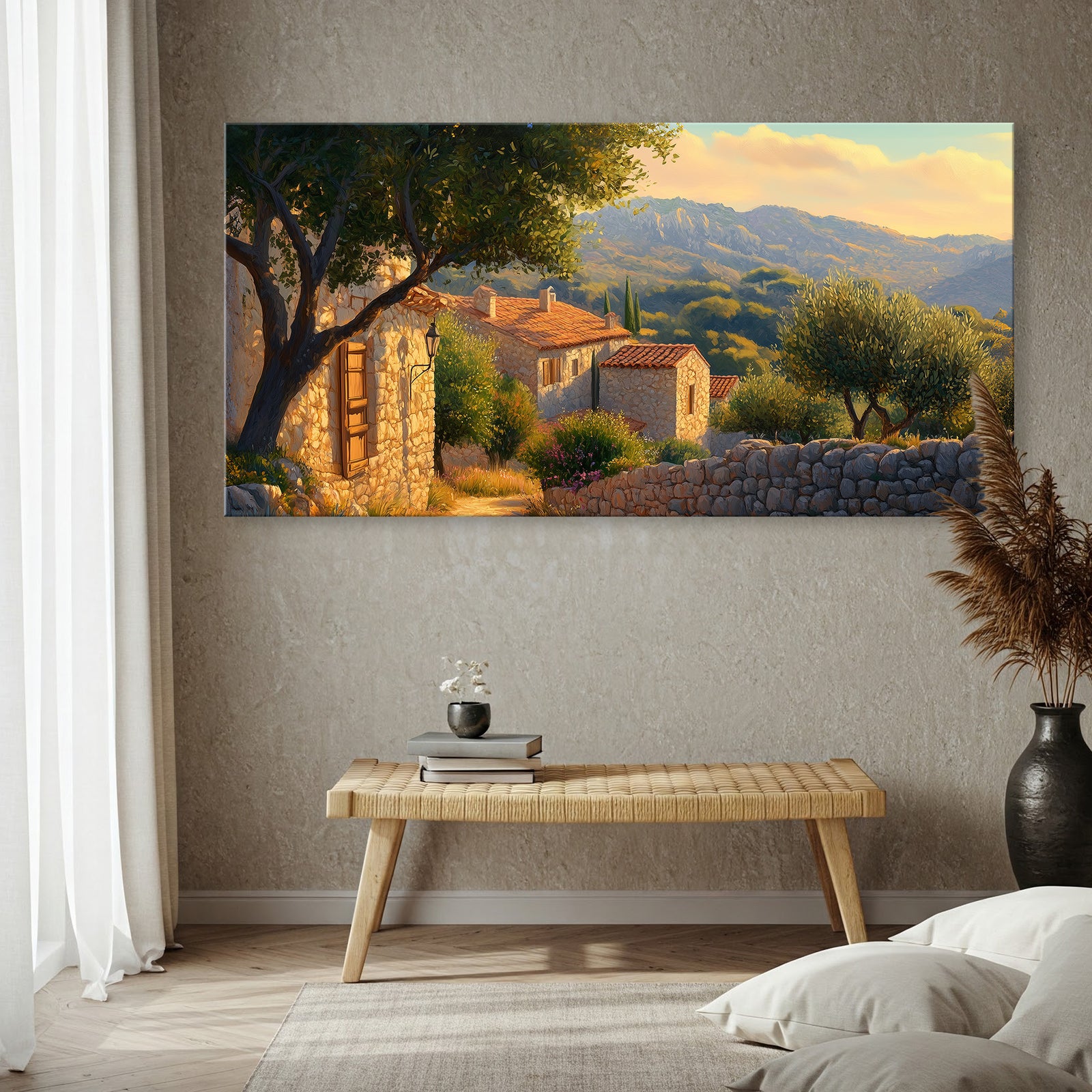 Mediterranean Village Scene with Stone Walls Canvas Art