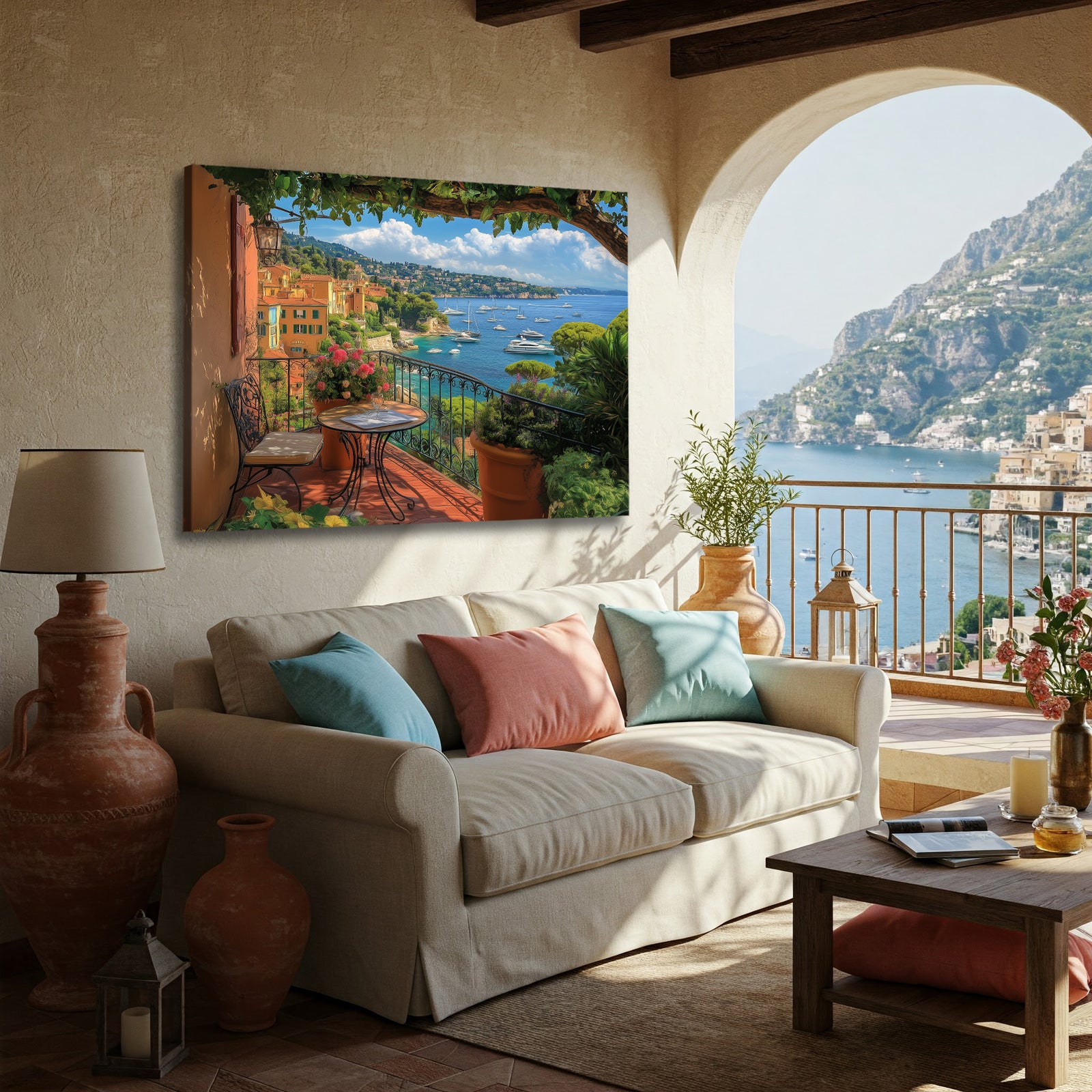 French Riviera Balcony View with Sea and Flowers Canvas