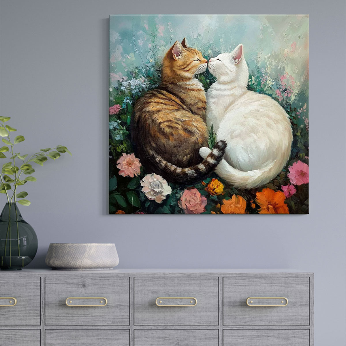 Romantic Cat Duo in Floral Garden – Oil Canvas Wall Art