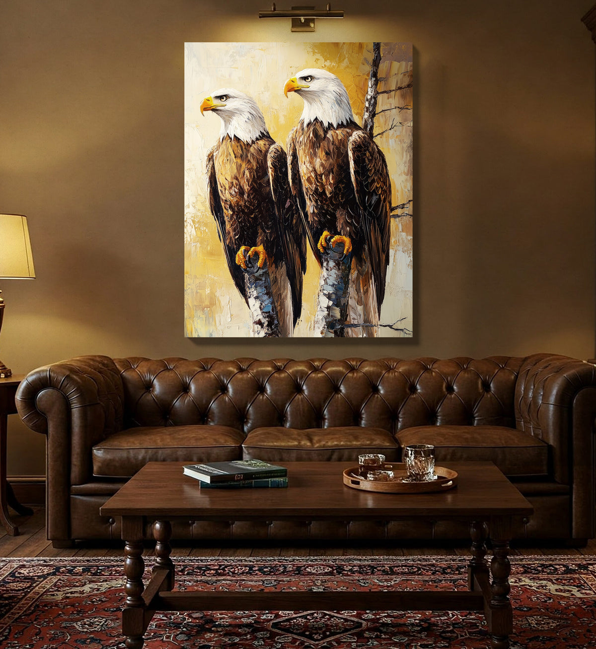 Rustic Bald Eagles Canvas Wall Art – Textured Impasto Oil Painting