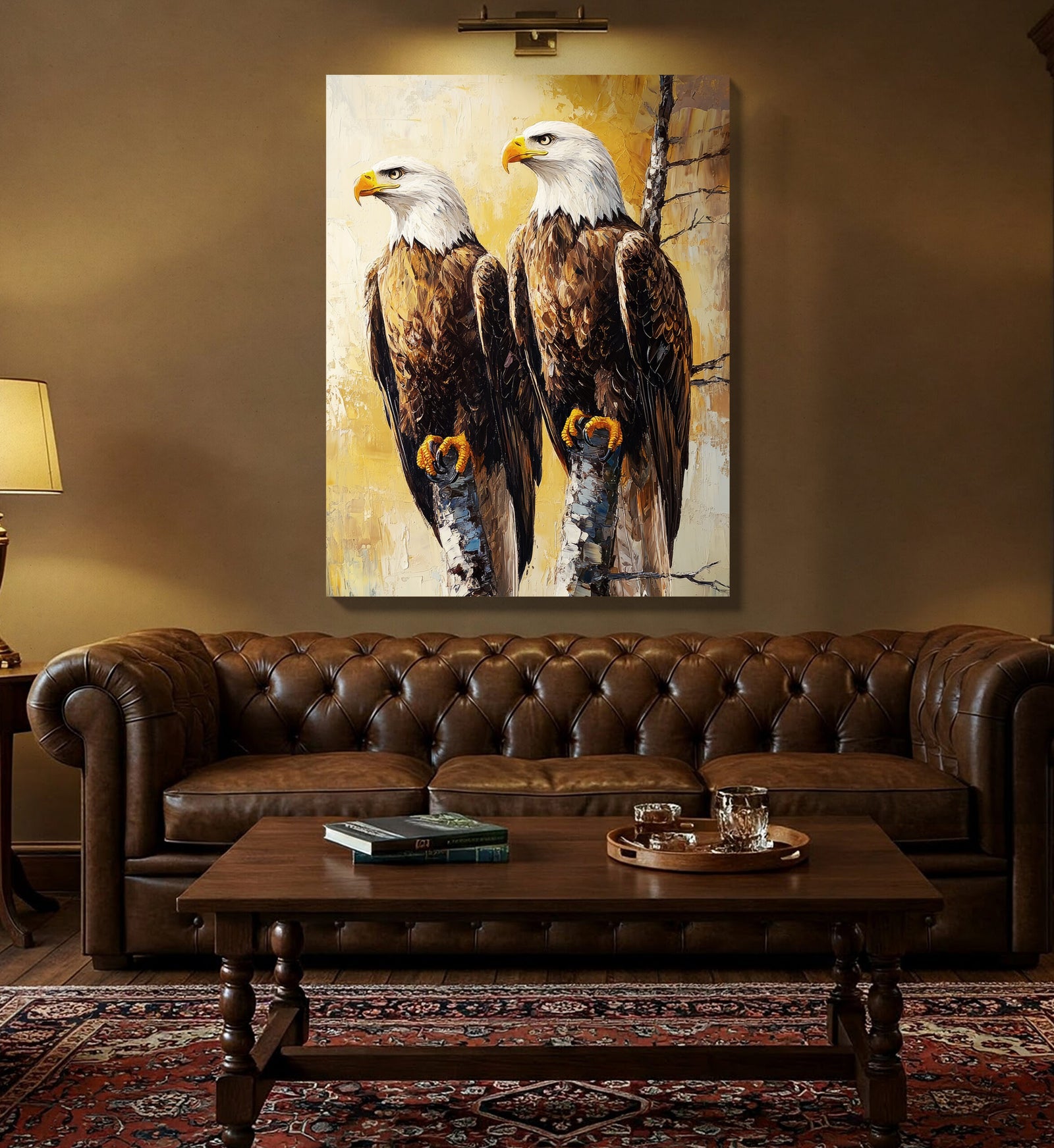 Rustic Bald Eagles Canvas Wall Art – Textured Impasto Oil Painting