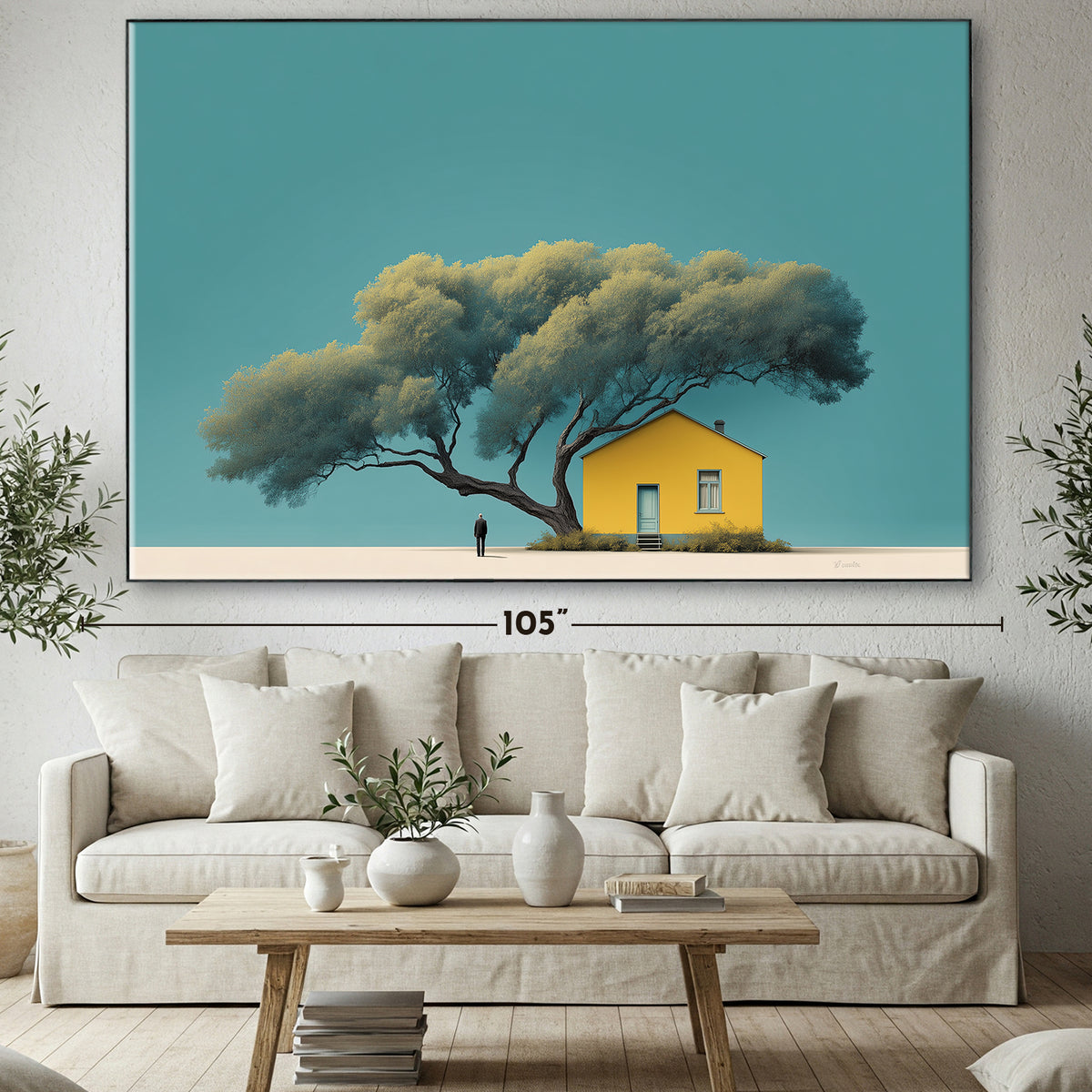 Tree and Yellow House Canvas Minimalist Wall Art