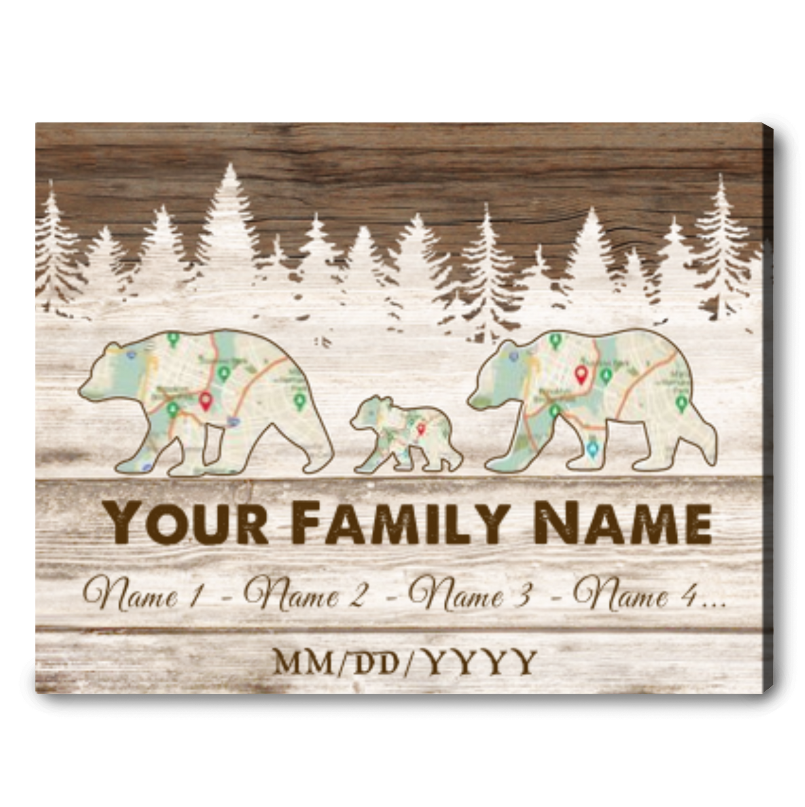 Unique Christmas Gift For Parents Bear Family Map Custom Canvas Print 