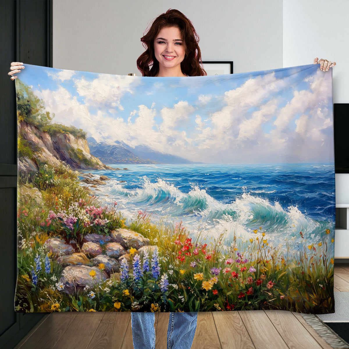 Gentle Ocean Waves And Wildflowers Oil Canvas Print