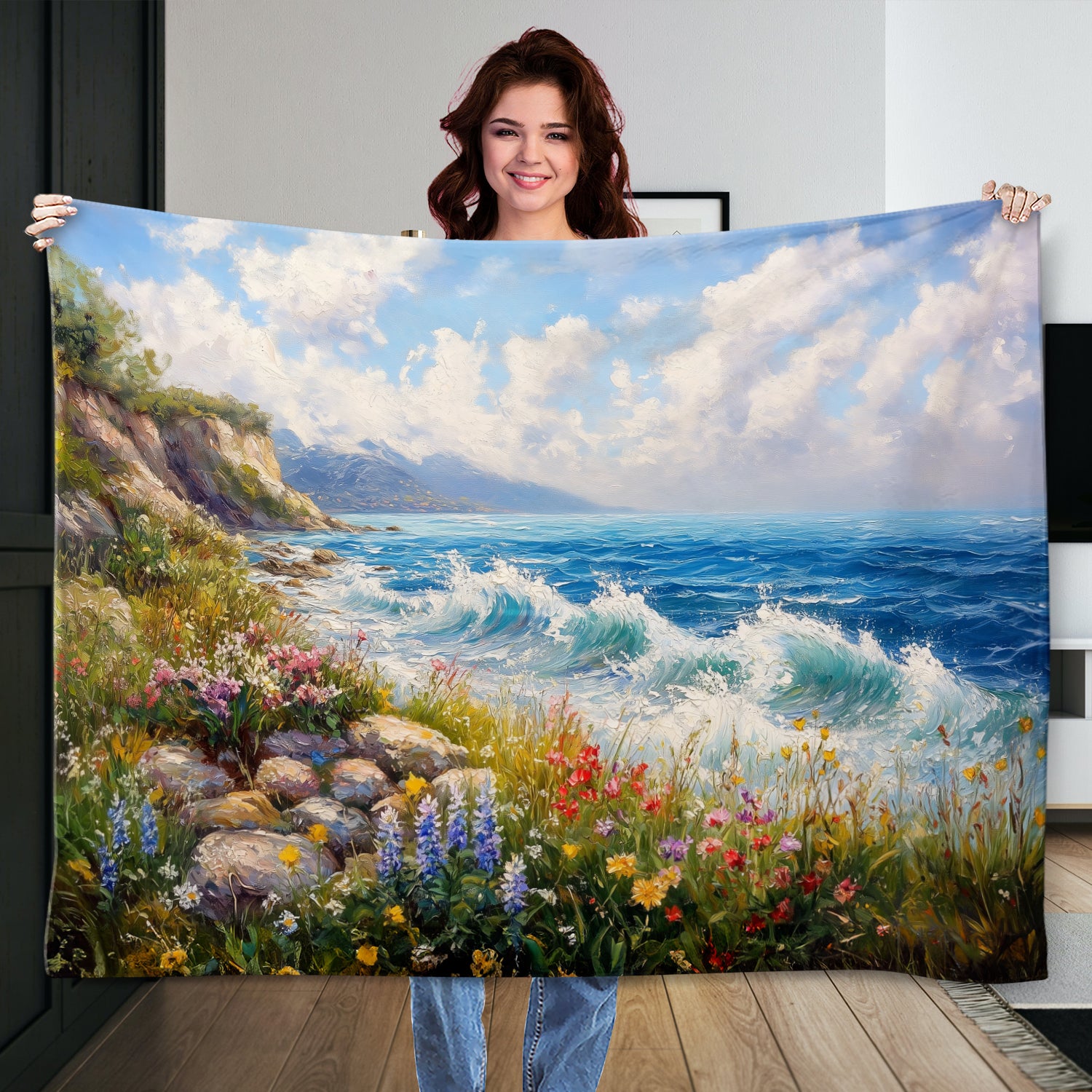 Gentle Ocean Waves And Wildflowers Oil Canvas Print