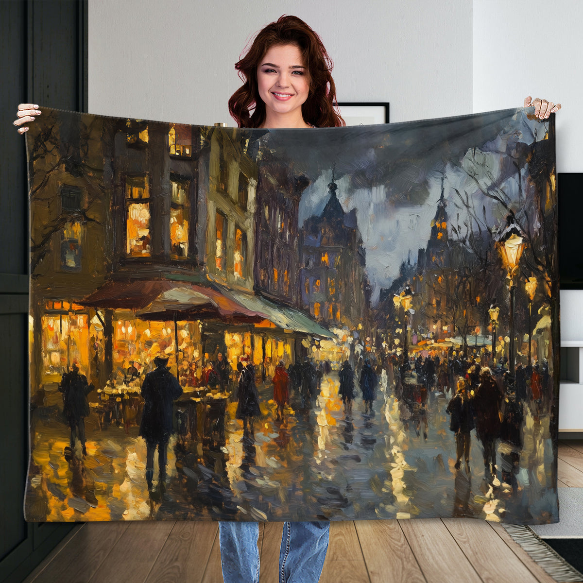 Oil street scene painting with glowing city lights