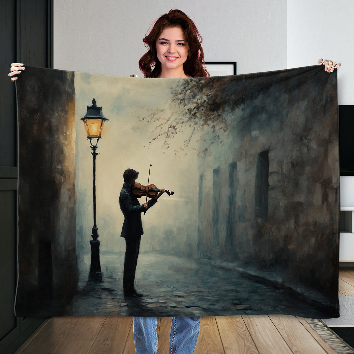 Elegant oil painting of violinist in golden evening light