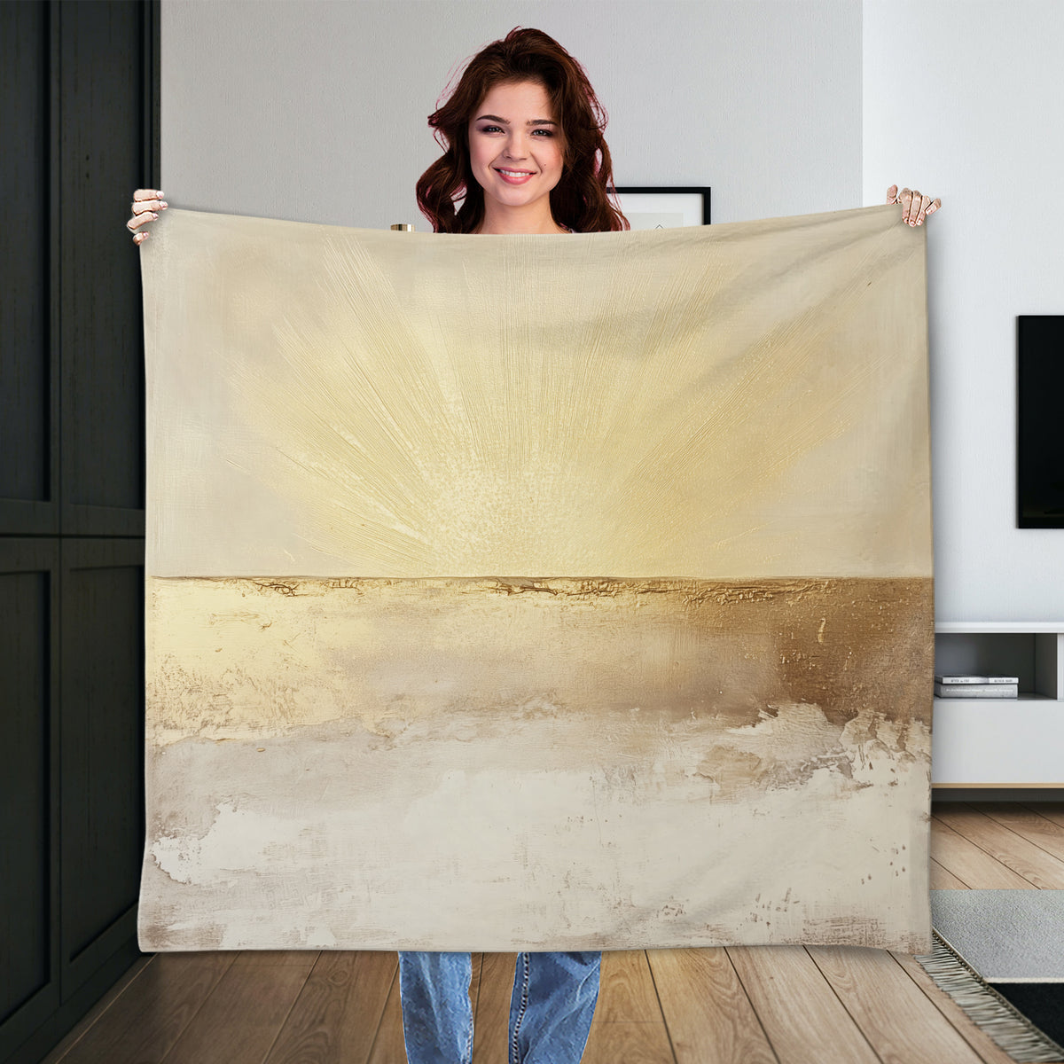Golden Light Rays on Beige Horizon Abstract Canvas Print