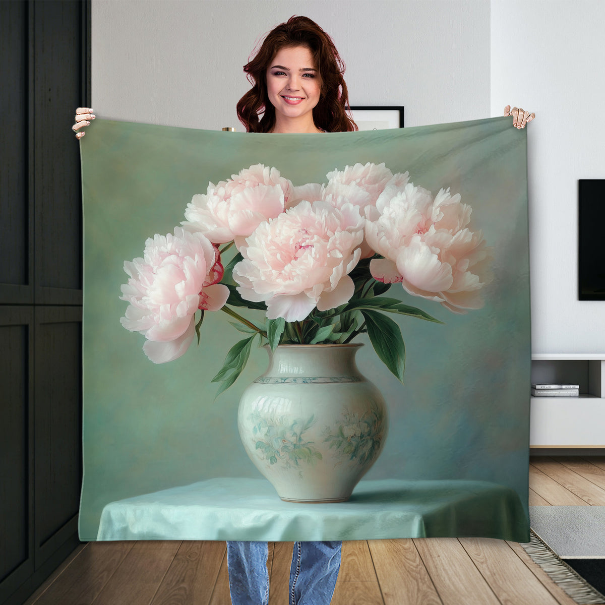 Delicate Peonies in Soft Ceramic Vase Canvas Print
