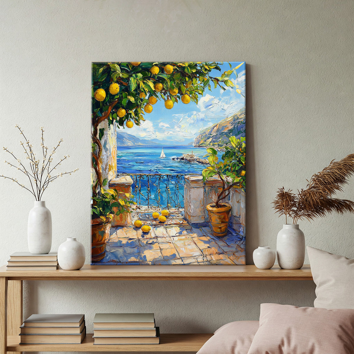 Mediterranean Seaside Balcony with Lemon Tree Canvas Art Print