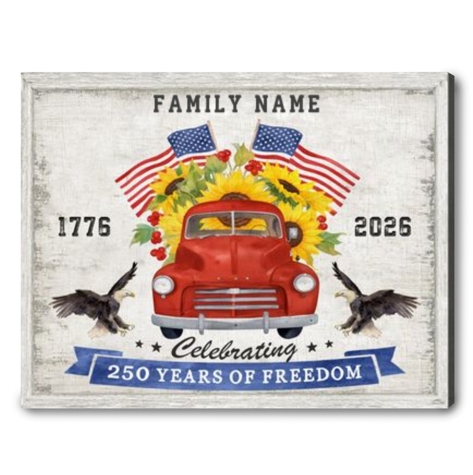 250th Anniversary American Freedom Canvas - Custom Family Name Red Truck Wall Art