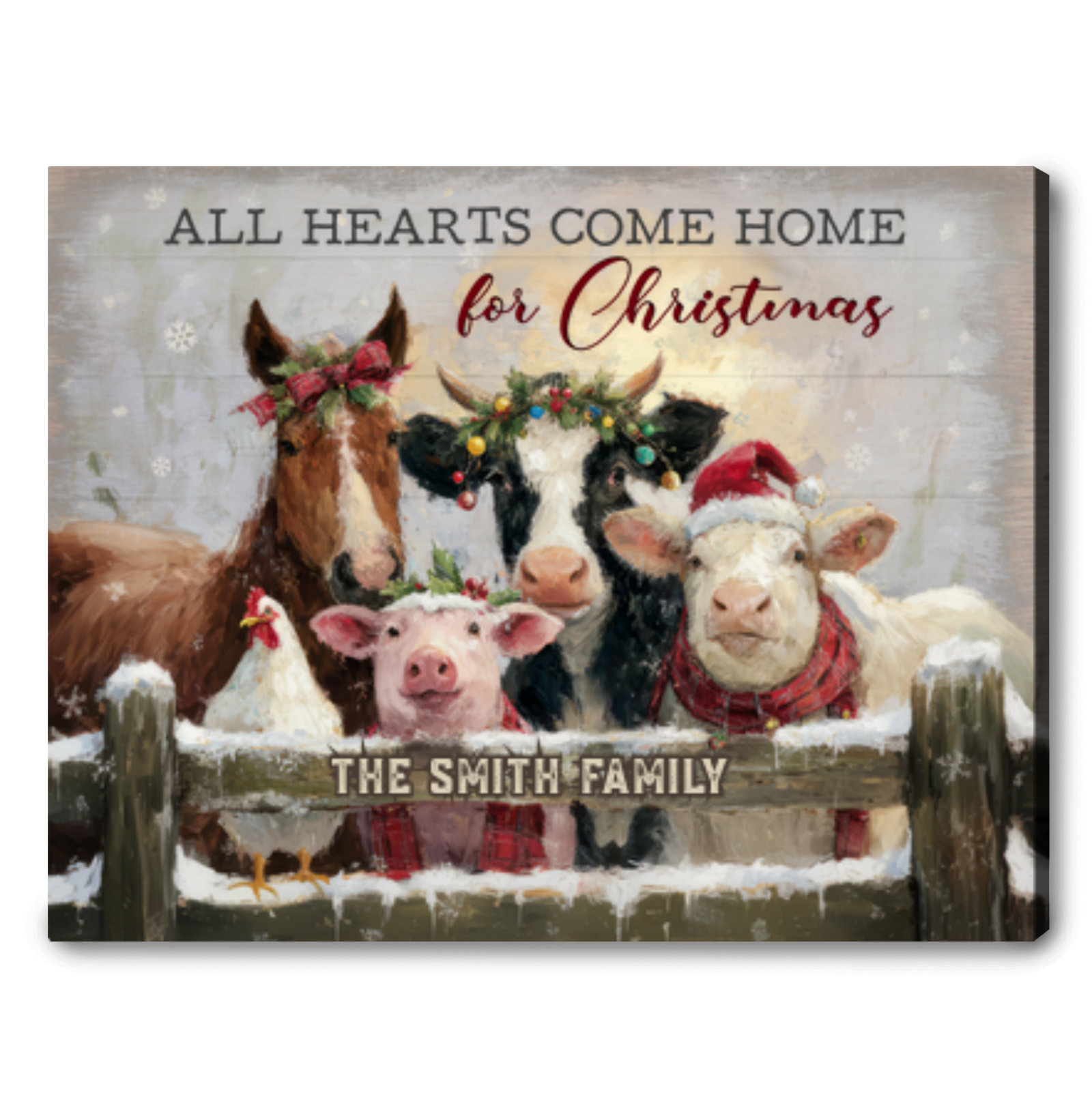 All Hearts Come Home for Christmas – Personalized Farm Animal Christmas Gift For Family Canvas Wall Art