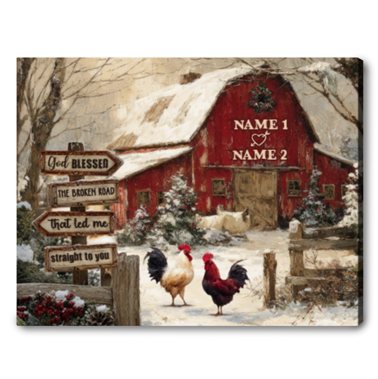God Blessed The Broken Road – Personalized Gift For Couple Red Barn Christmas Canvas Wall Art