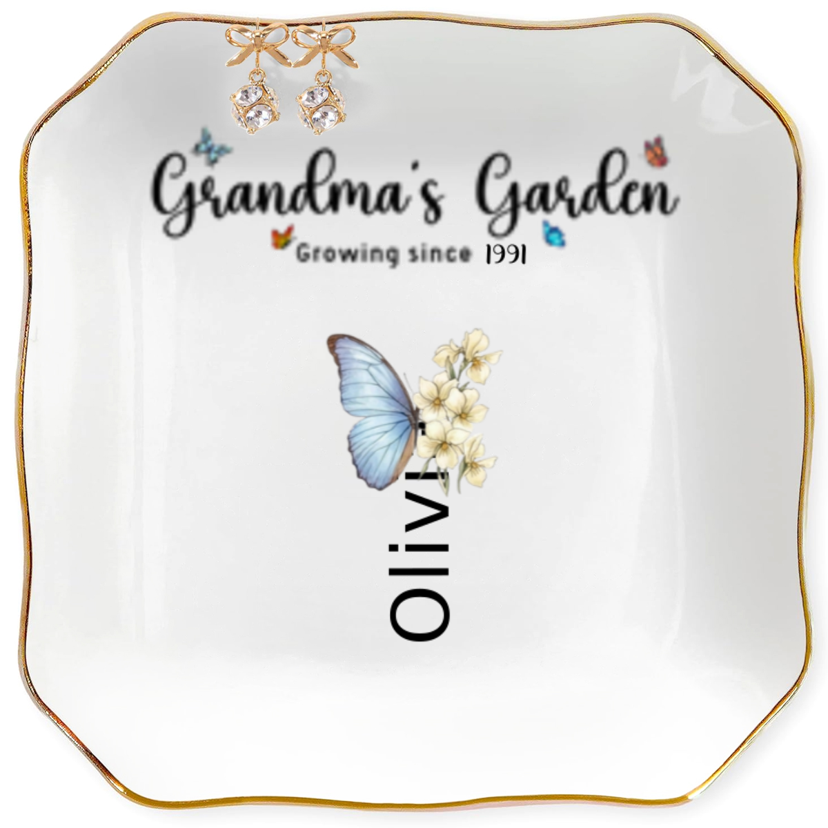 Grandma’s Garden Butterfly Birth Flower Personalized Jewelry Dish Gift For Grandma
