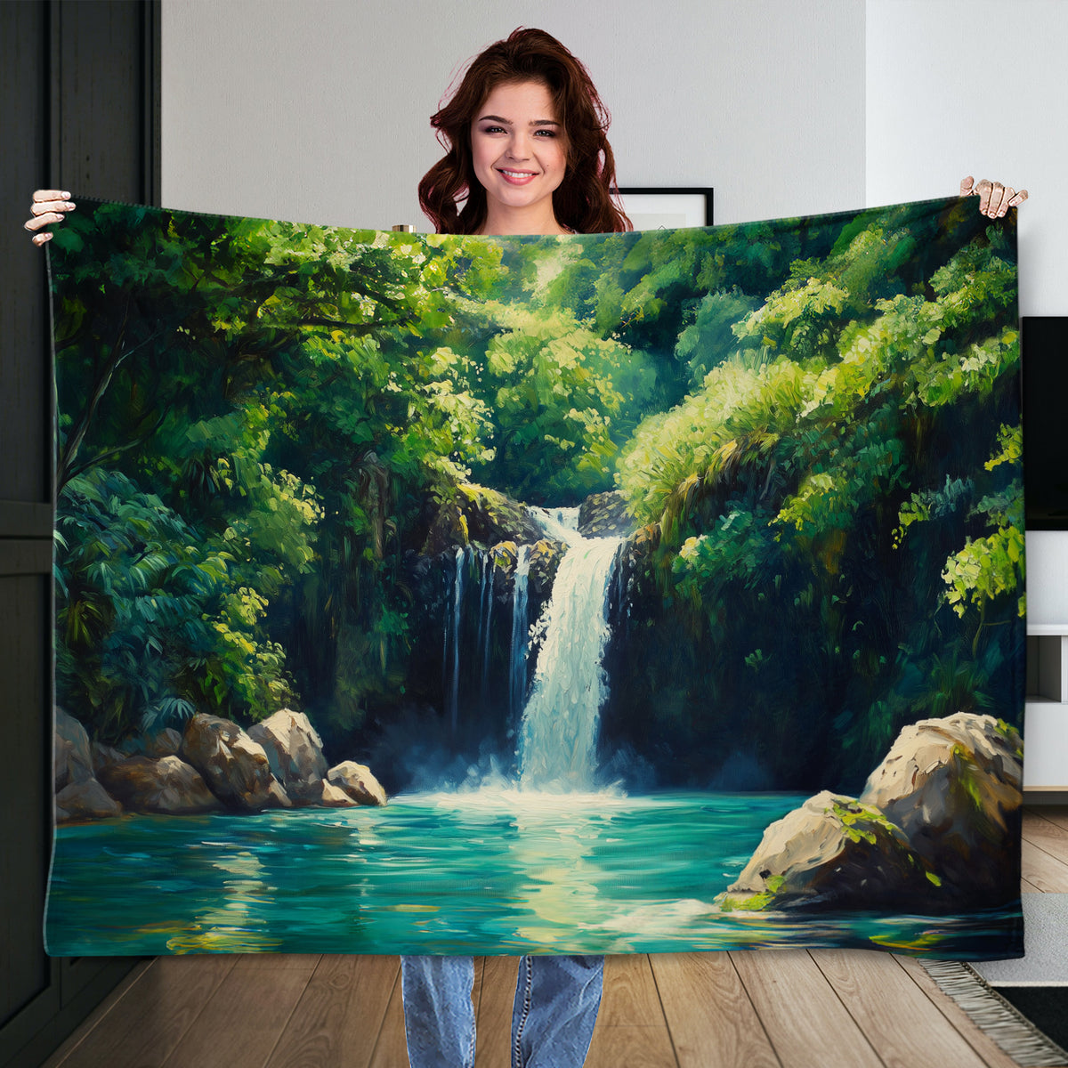 Lush Oil Painting Canvas Of Hidden Hawaiian Waterfall