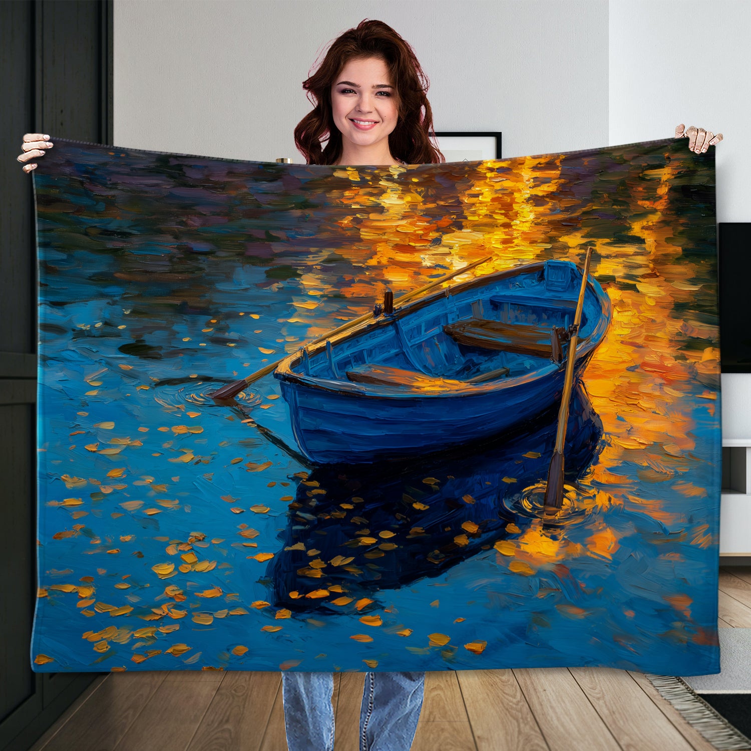 Golden Light and Blue Rowboat Oil Canvas Wall Art