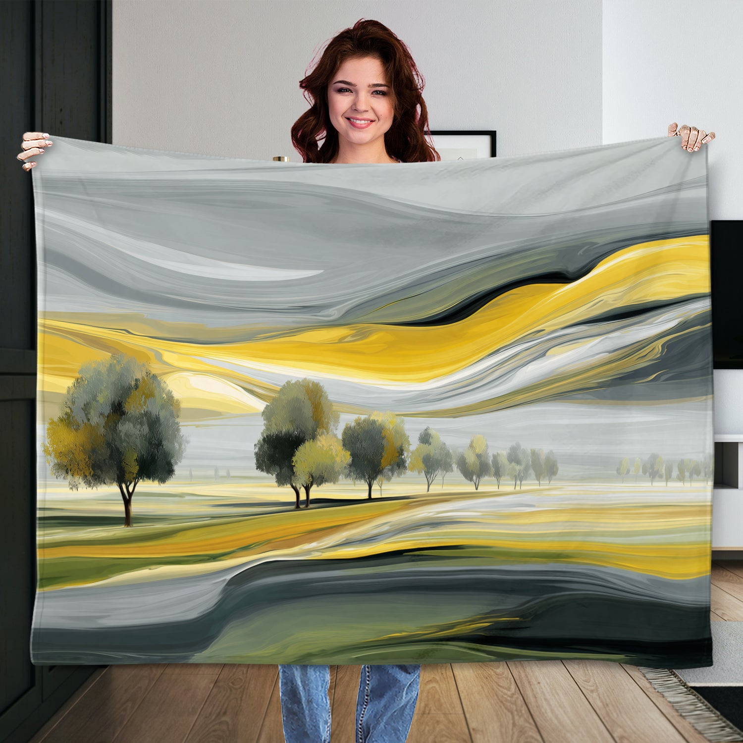 Modern Yellow and Gray Landscape Tree Artwork