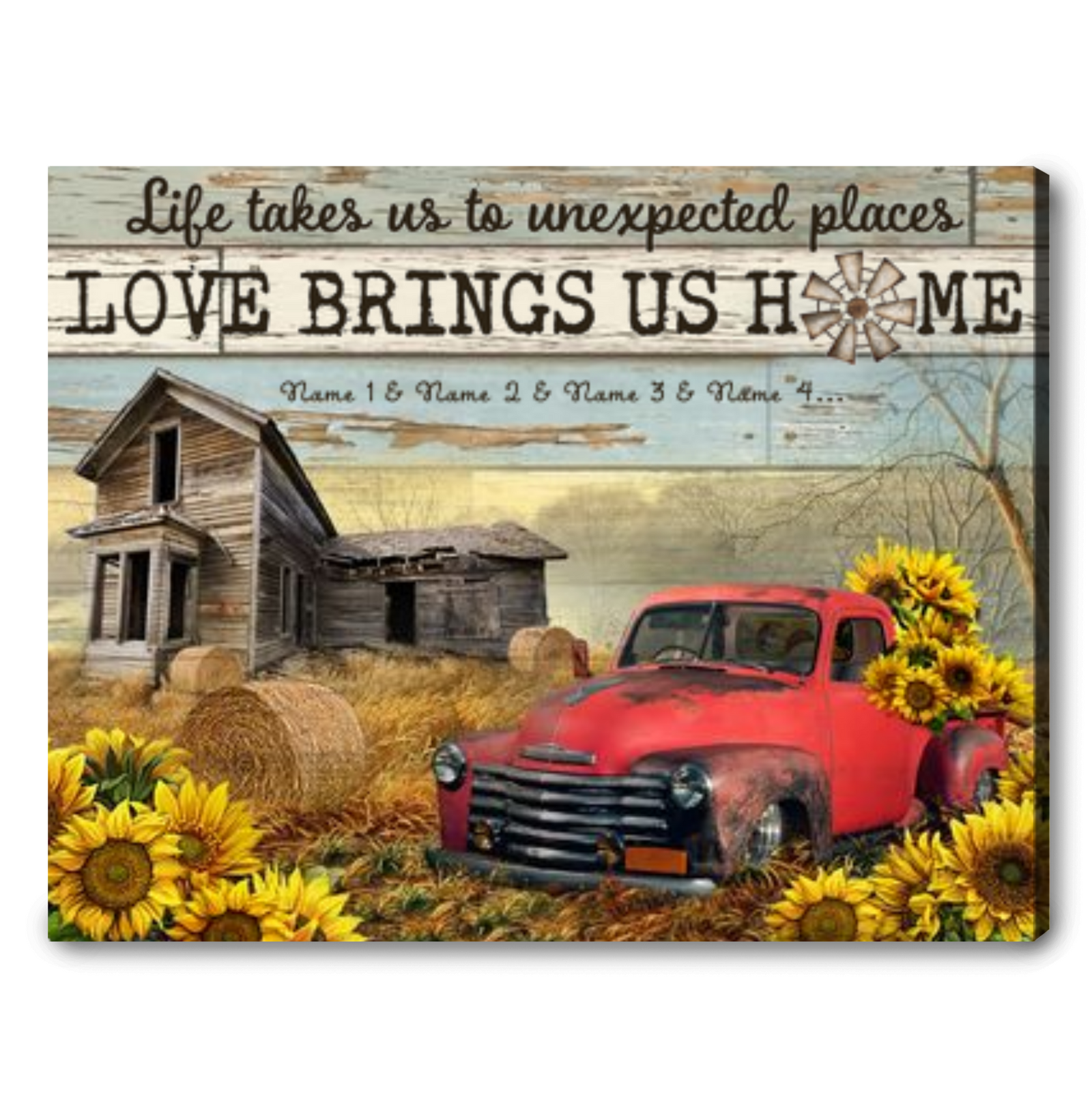 Personalized Wall Art With Names Truck and Old Barn Canvas Print For Rustic Home Decor