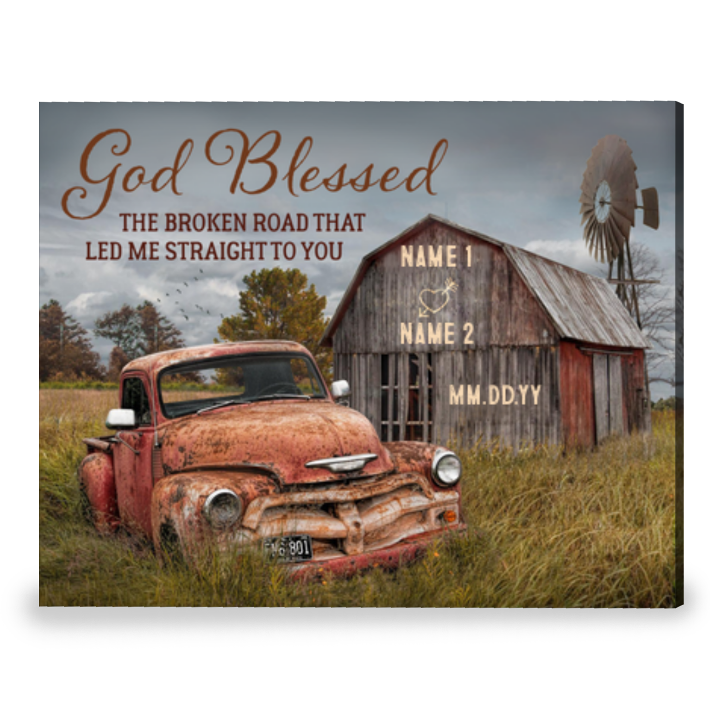 God Blessed The Broken Road Old Barn and Vintage Vehicle Canvas Wall Art Print