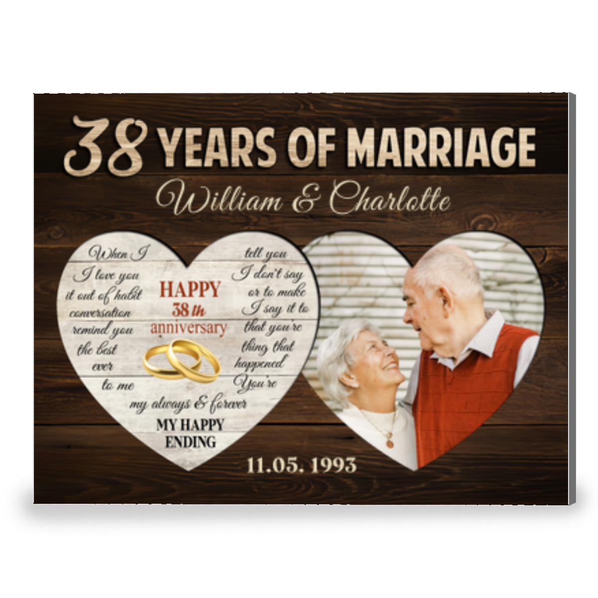 38 Years Of Marriage Two Heart-Shaped Personalized Canvas Photo Print For Couple