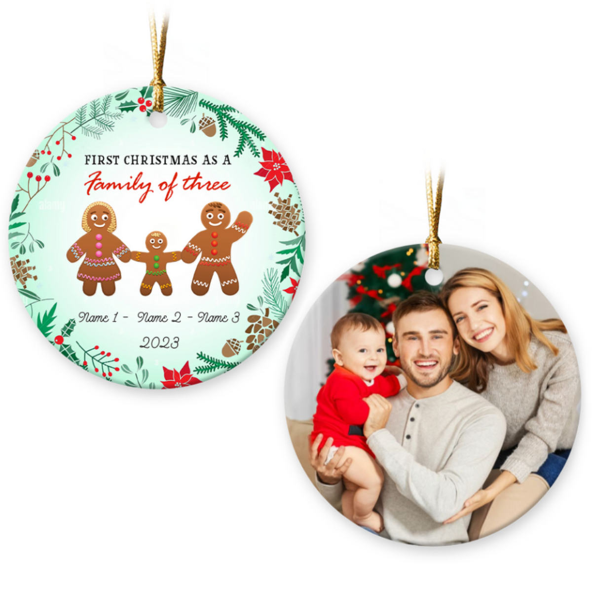 First Christmas Family Or Three Custom Photo Ceramic Ornament