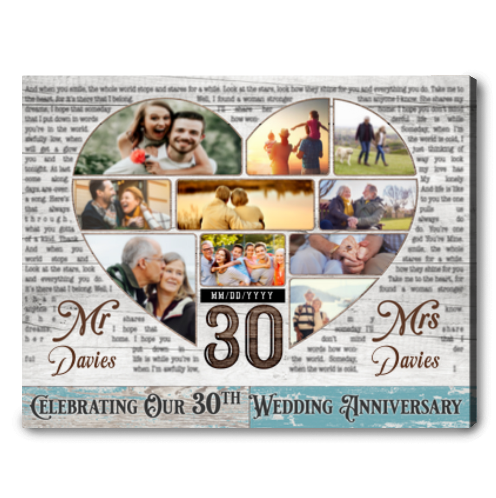 30th Wedding Anniversary Gift For Couple Personalized Canvas With Song Lyrics