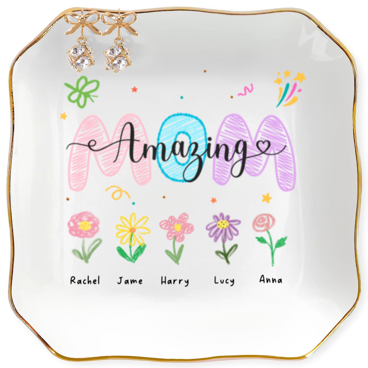 Amazing Mom Personalized Flower Names Jewelry Dish Gift For Mom