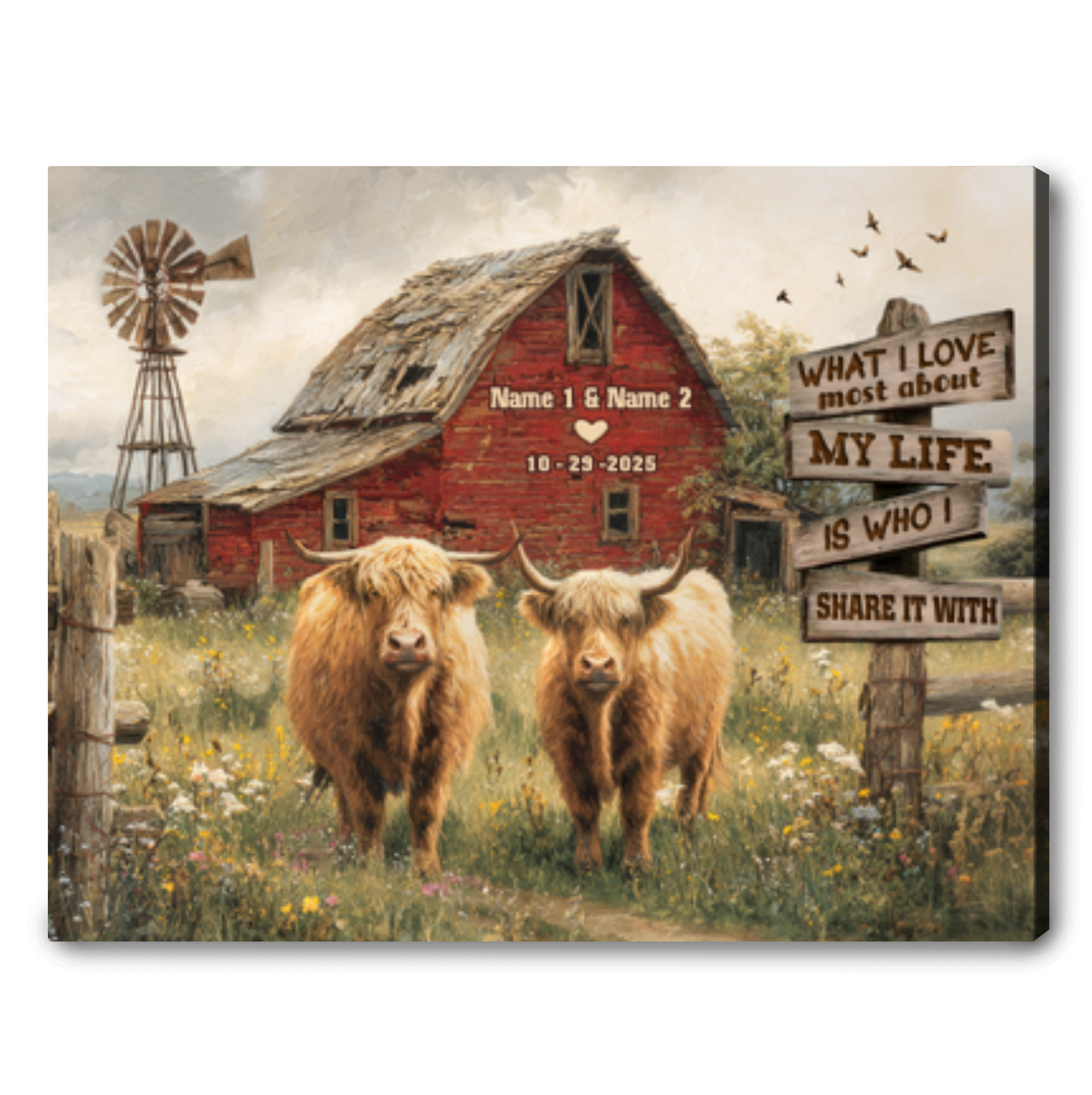 What I Love Most About My Life – Personalized Couple Highland Cow Canvas Wall Art