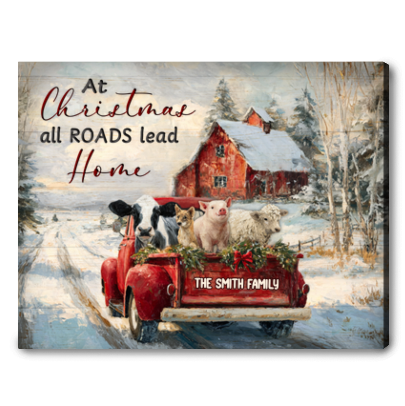 At Christmas All Roads Lead Home – Personalized Red Truck Farm Animals Canvas