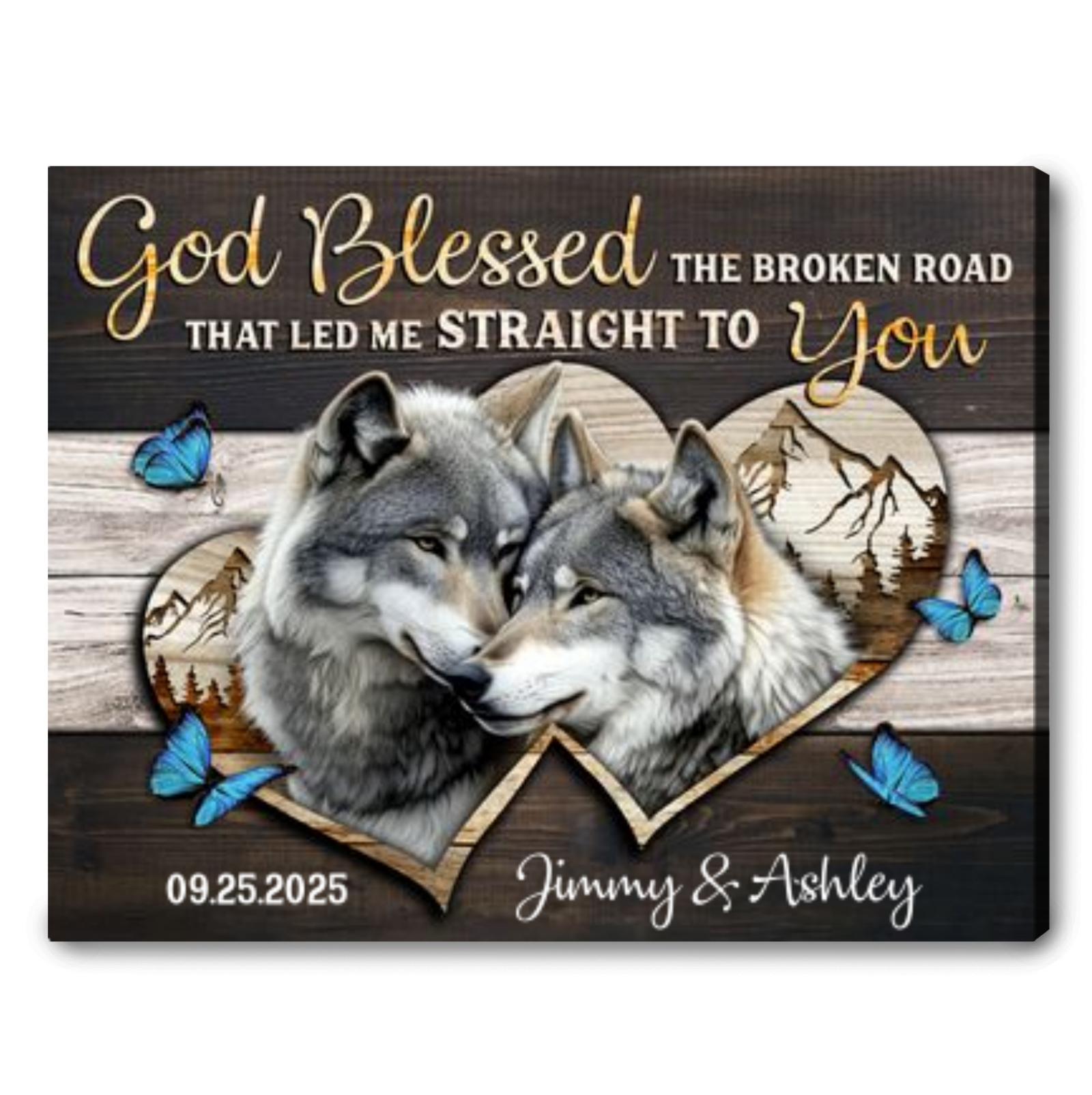 God Blessed The Broken Road - Personalized Wolf Couple Canvas Wall Art With Custom Names And Date