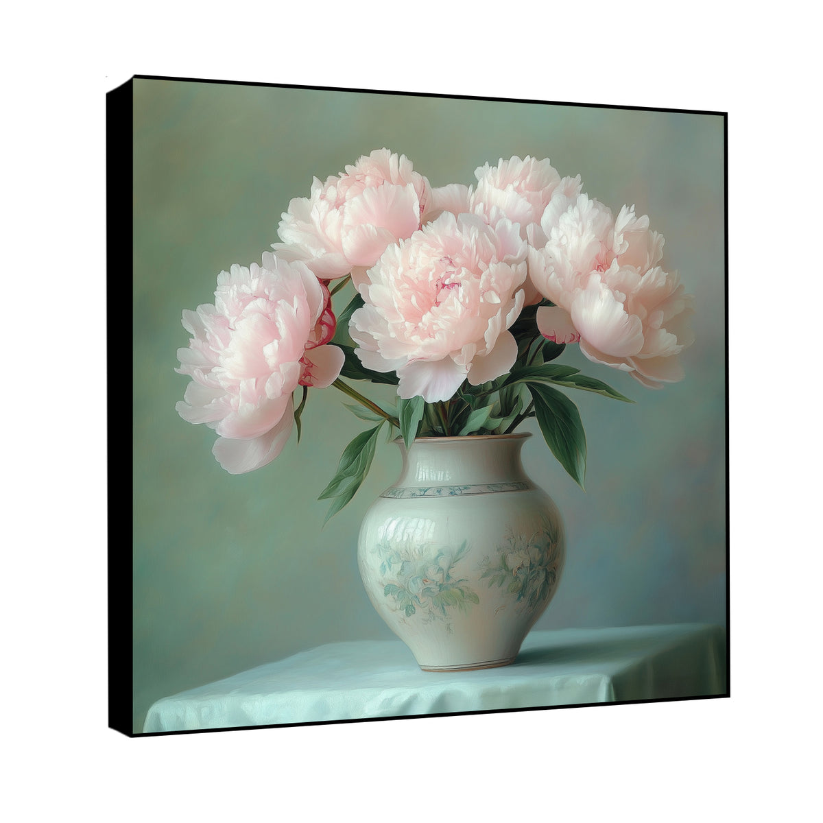 Delicate Peonies in Soft Ceramic Vase Canvas Print