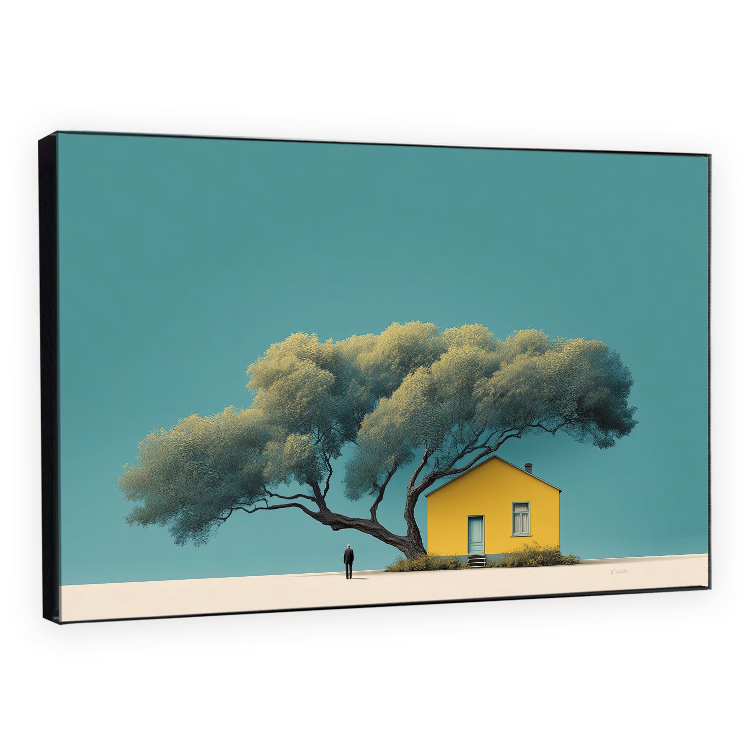 Tree and Yellow House Canvas Minimalist Wall Art