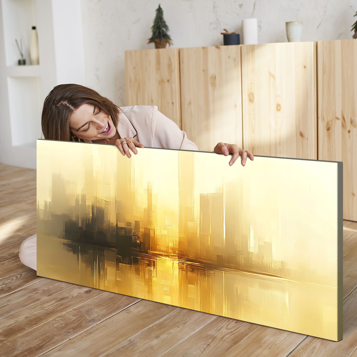 Golden Skyline Abstract Landscape Canvas Print for Living Room