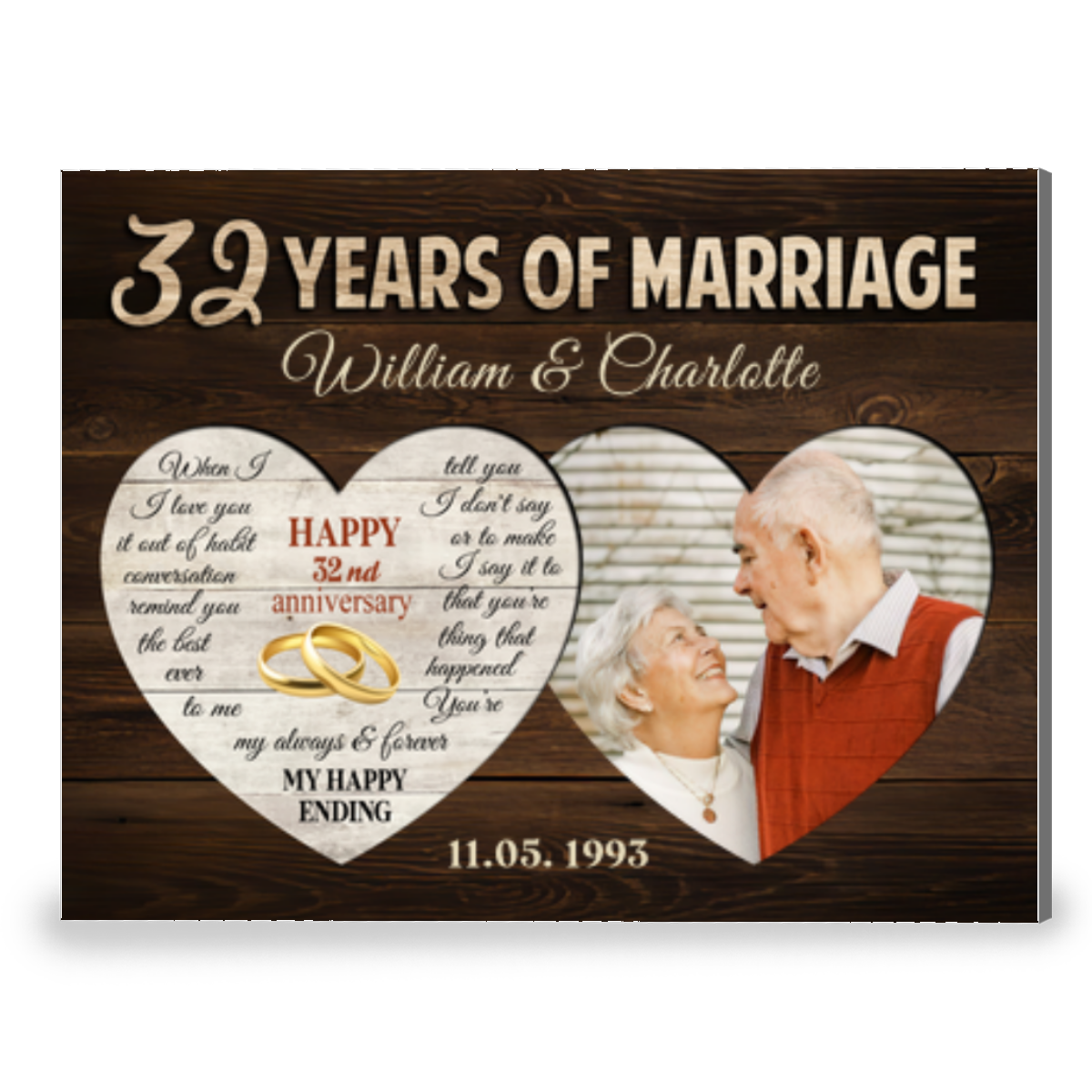 32 Years Of Marriage Two Heart-Shaped Personalized Canvas Photo Print For Couple