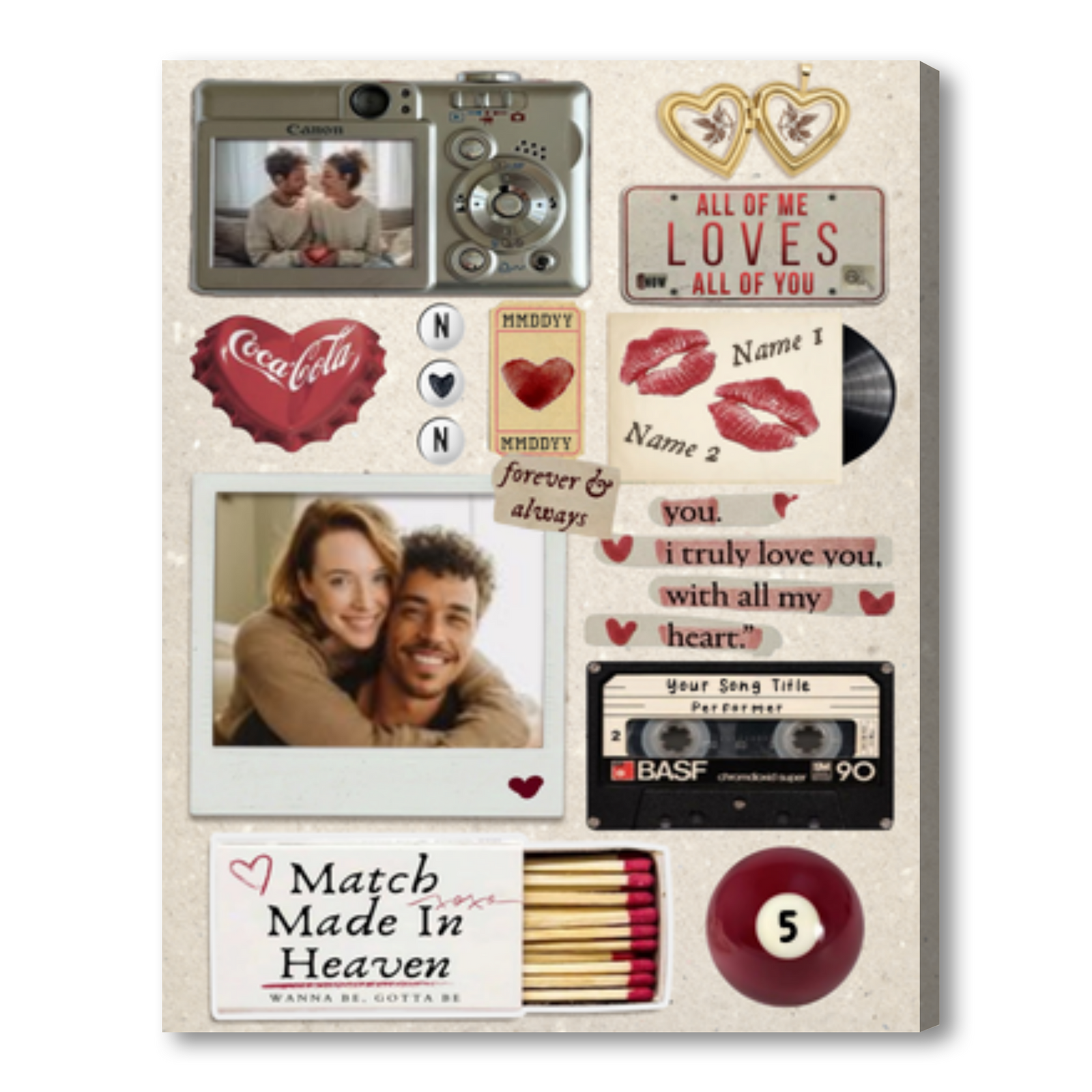 Personalized Couple’s Memory Scrapbook Canvas – Custom Wall Art – Anniversary & Valentine’s Day Gift