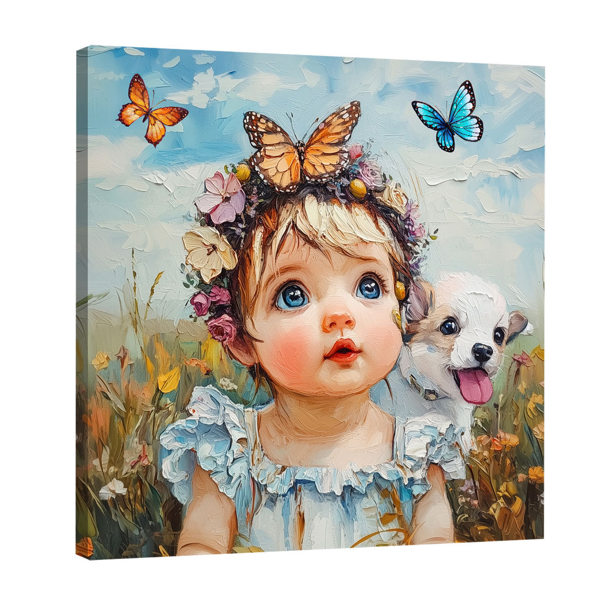 Playful Baby and Puppy in Flower Field Canvas Wall Art