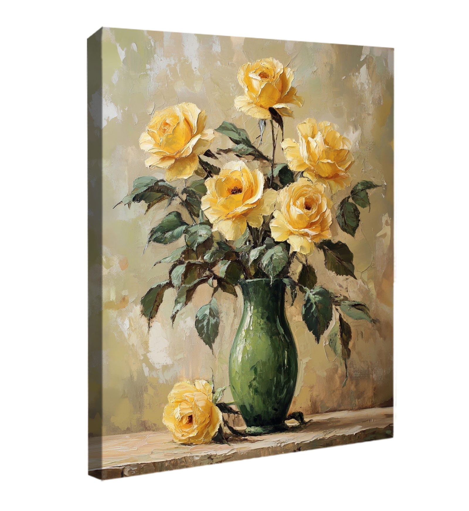 Yellow Roses in a Green Vase - Vintage Oil Painting Canvas Print
