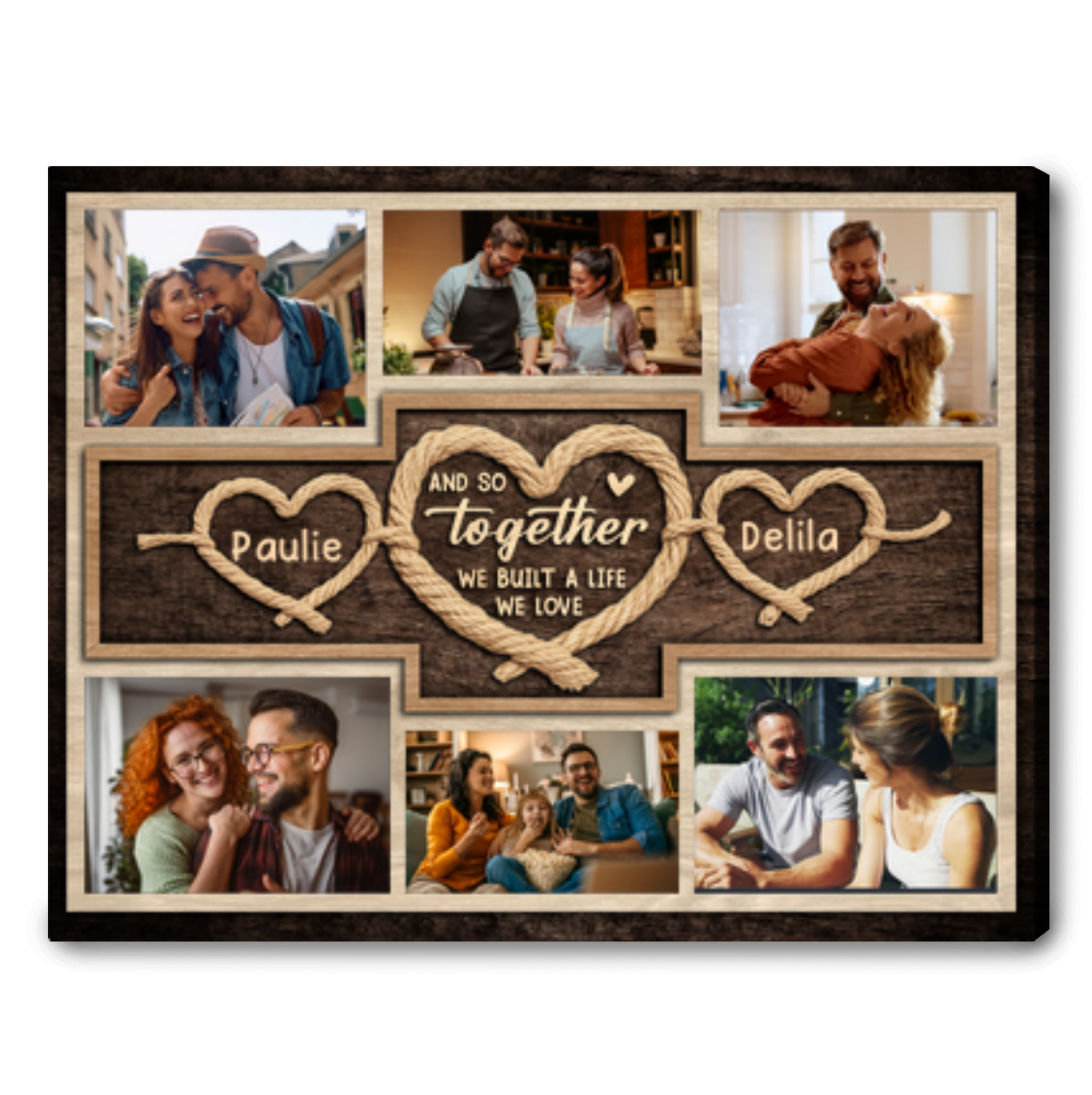 Together We Built A Life We Love -  Personalized Gift For Couples Rope Heart Couple Photo Collage Canvas Wall Art