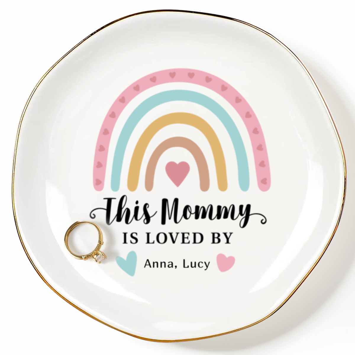 Personalized “This Mommy Is Loved By” Rainbow Jewelry Dish – Custom Kids Names Gift for Mom