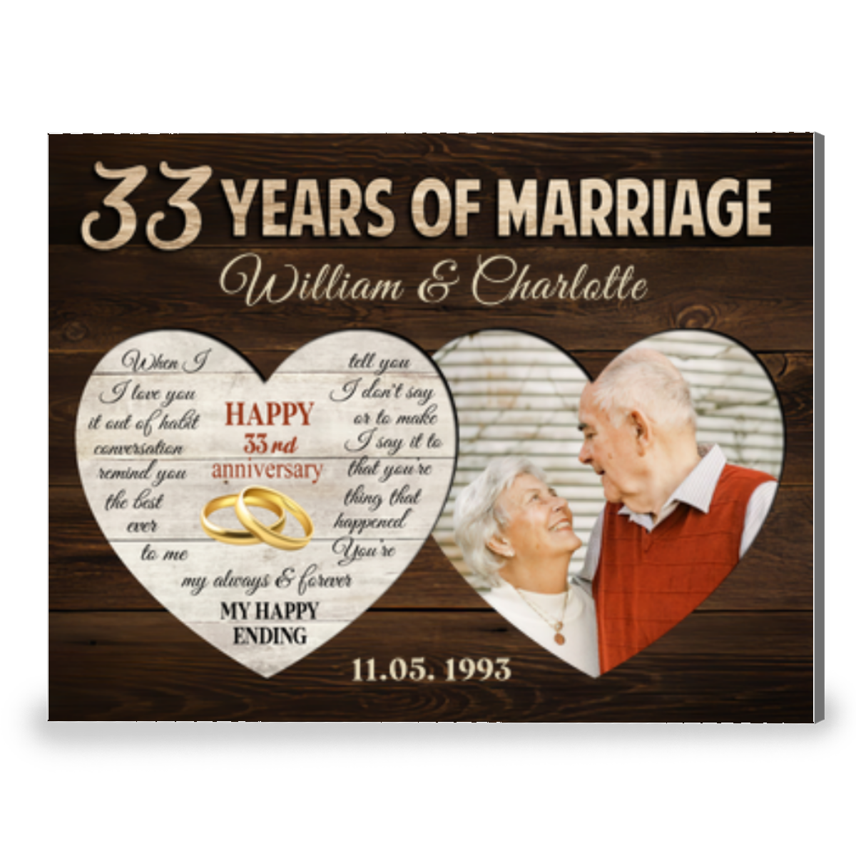 33 Years Of Marriage Two Heart-Shaped Personalized Canvas Photo Print For Couple