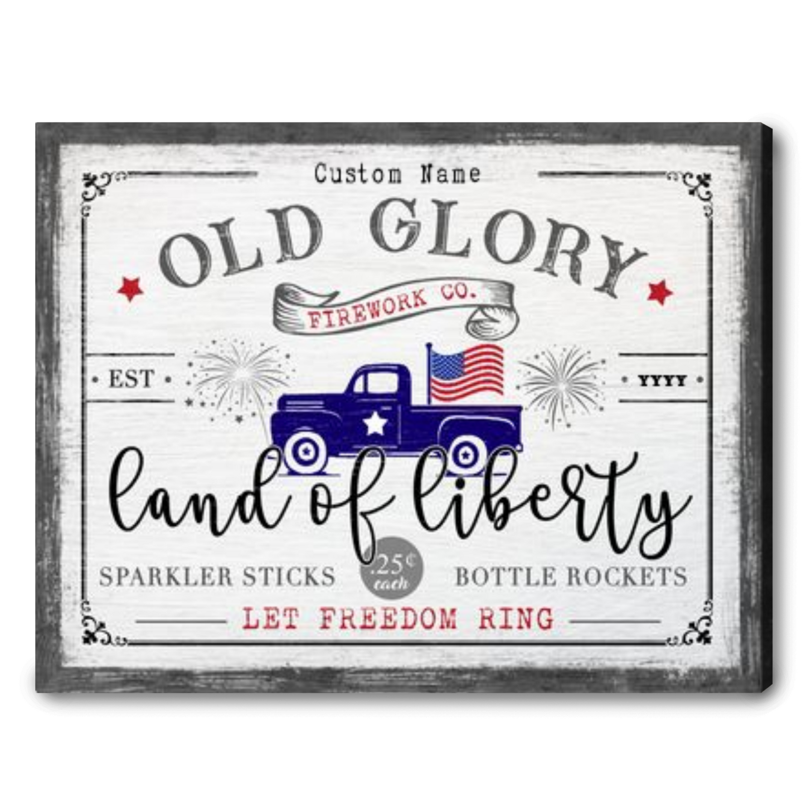 4th of July Old Glory Modern Farmhouse Wall Decor Personalized Truck and Fireworks Patriotic Americana Canvas Print