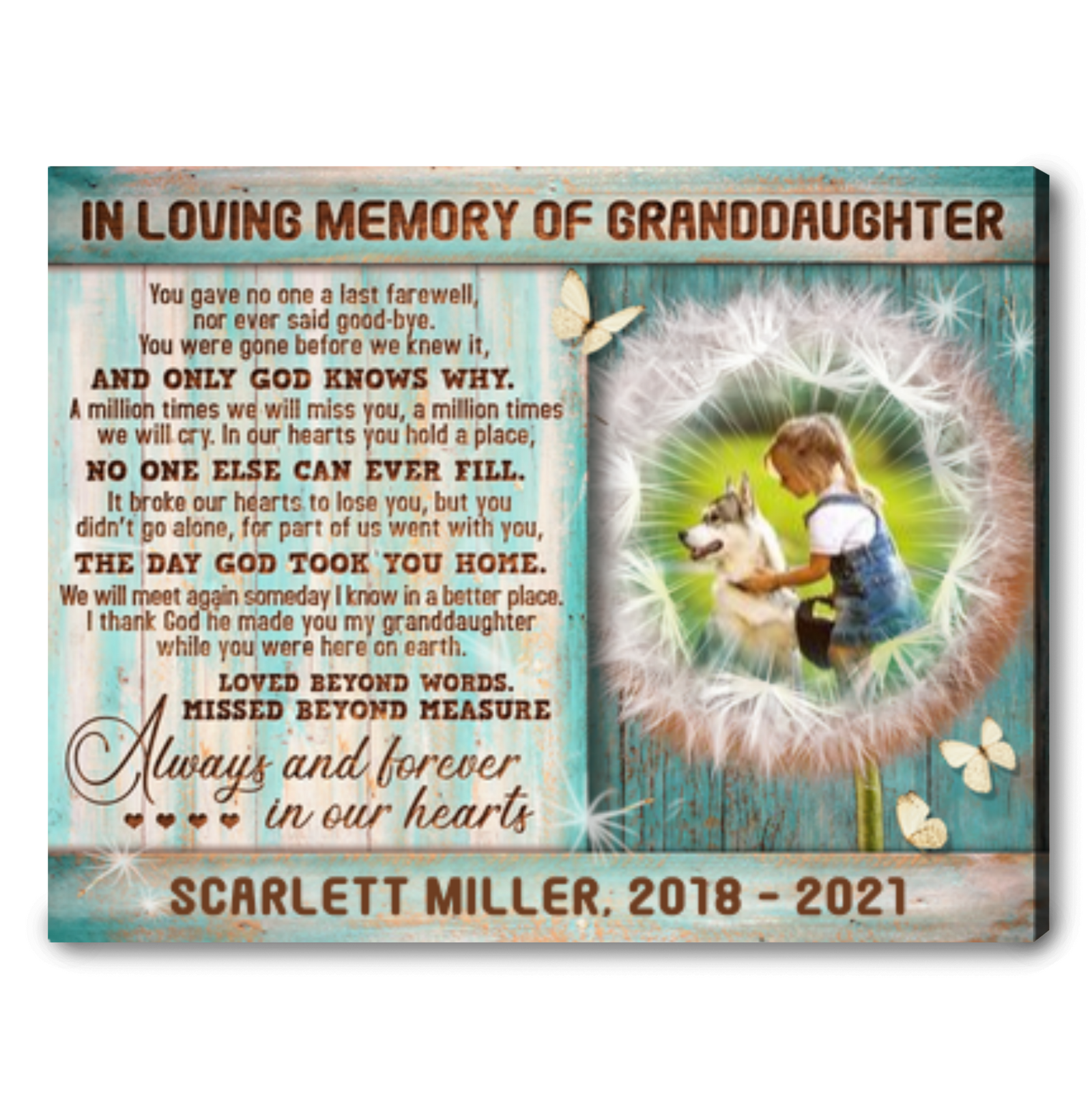 Memorial Gift For Loss Of Granddaughter Canvas Memorial Prints