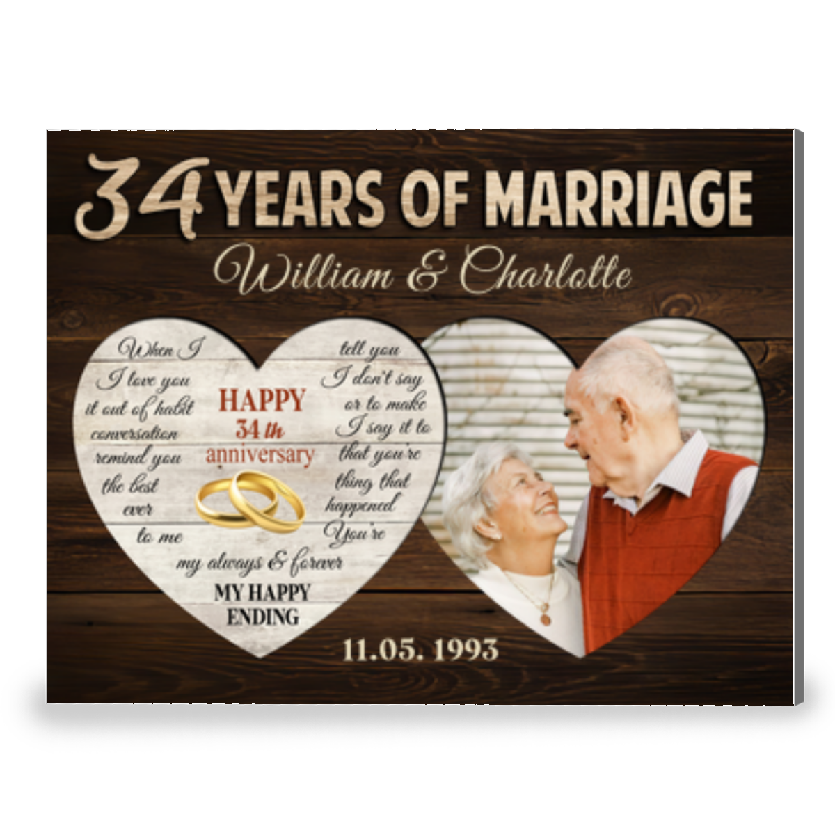 34 Years Of Marriage Two Heart-Shaped Personalized Canvas Photo Print For Couple