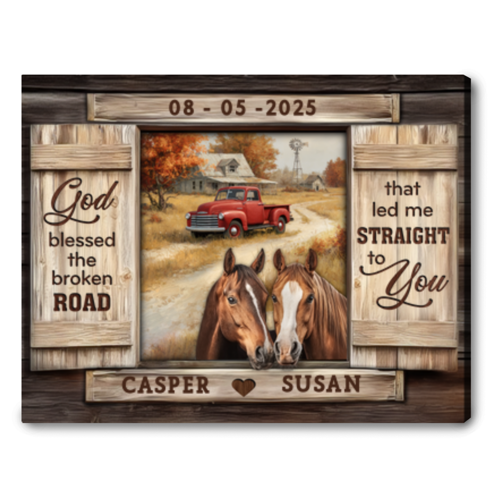 God Blessed The Broken Road -  Personalized Gift For Couples Farmhouse And Horses Custom Names Canvas Print