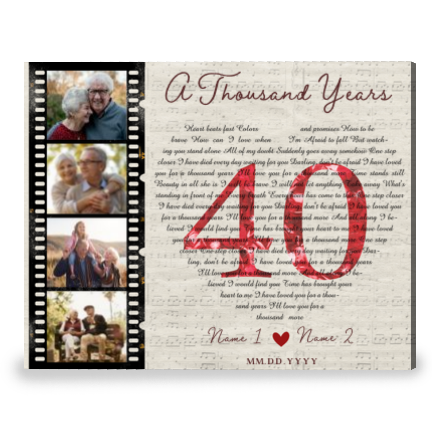 Personalized 40 Year Anniversary Gift Song Lyrics Gift Canvas Print