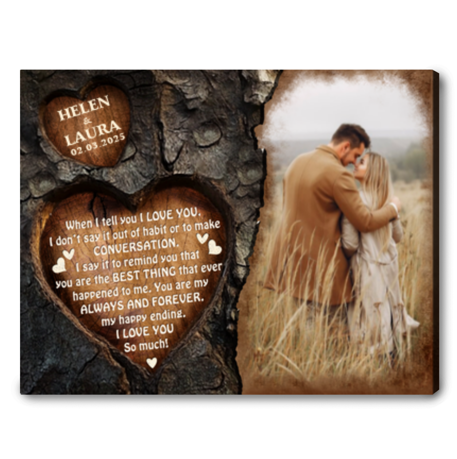 Personalized Gift For Couple Custom Photo Engraved Heart Tree Design Canvas Wall Art 